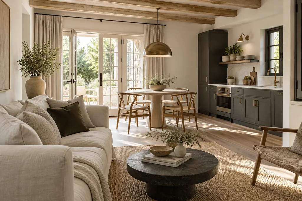 Open-plan living area and kitchen ready for the next guest