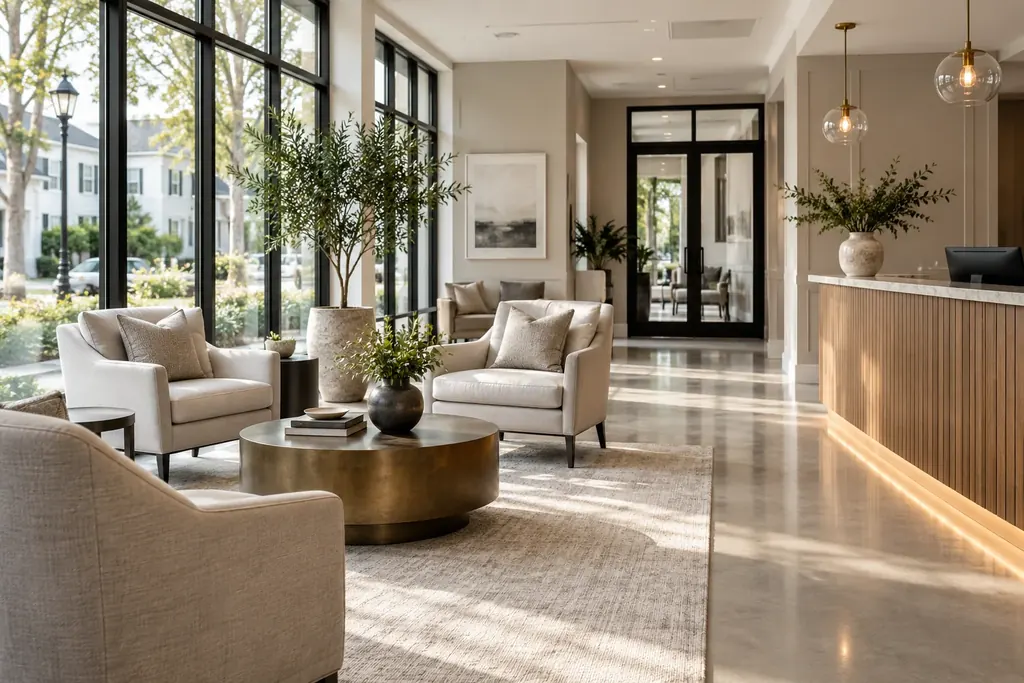Reception lounge with armchairs and a wood front desk